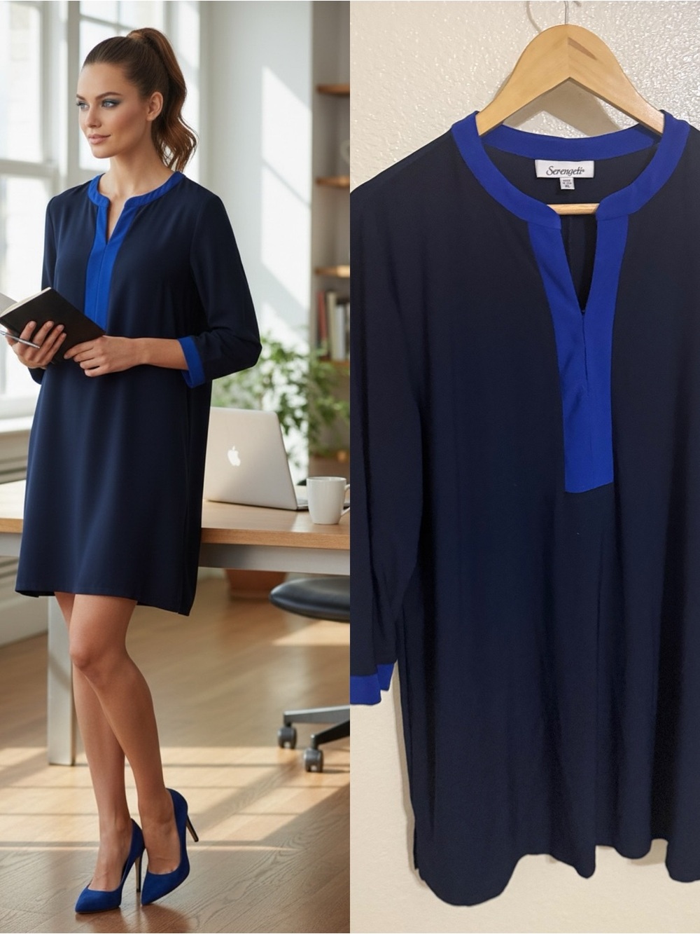 Serengeti Navy Blue Colorblock Shift Dress XL Made in USA Stretch